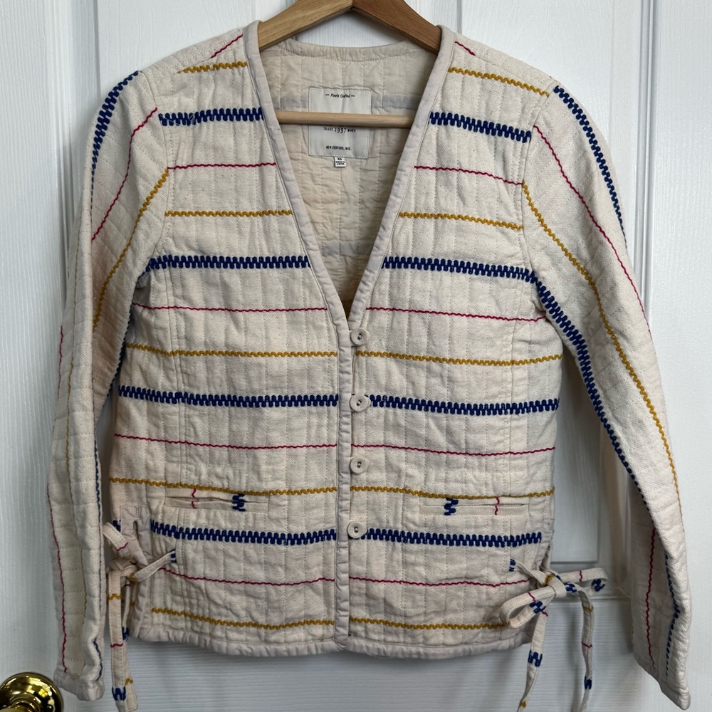 Madewell Quilted Side Tie Jacket XS Stripe Embroidered Cotton Coastal Boho - Picture 4 of 16